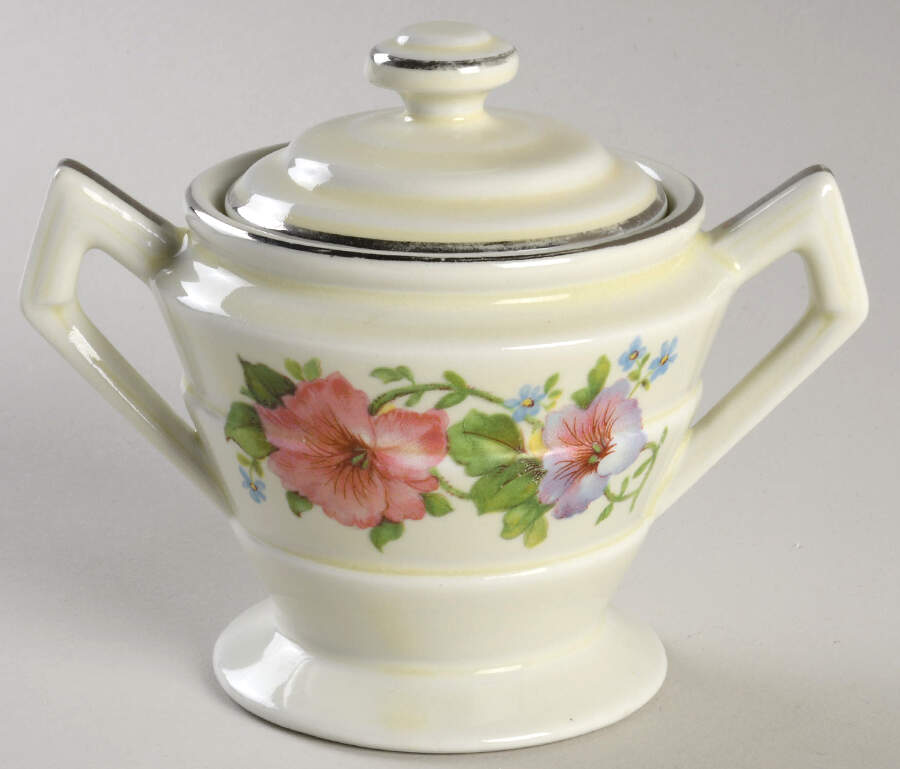 Pastel Morning Glory Art Deco Shape Sugar Bowl & Lid by Hall-1