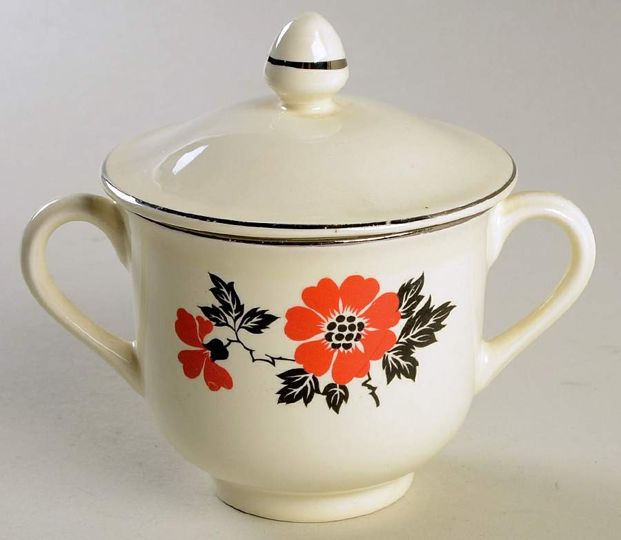 Red Poppy (Platinum Ring) Modern Shape Sugar Bowl & Lid by Hall-1