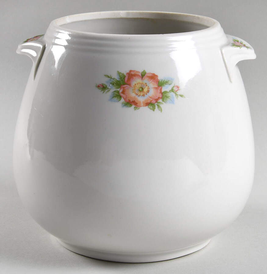 Rose White Tab Handled Bean Pot No Lid by Hall-1