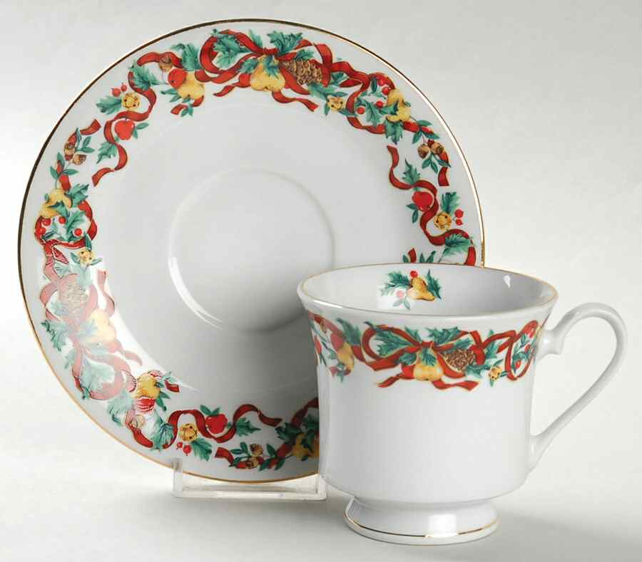 Holiday Ribbon Footed Cup & Saucer Set by Home Accents-1
