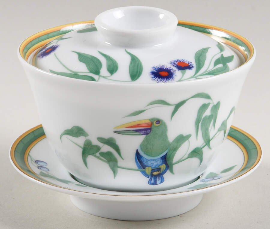 Toucans (Birds) Asian Flat Cup & Saucer Set with Lid by Hermes-1