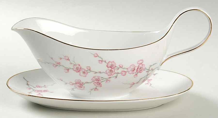 Almond Blossom (Rim) Gravy Boat with Attached Underplate by Hutschenreuther-1