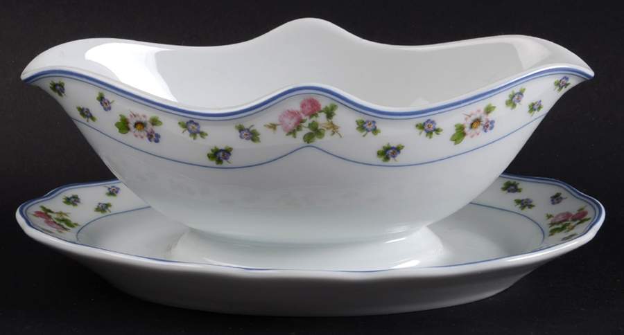 Amalienburg (Floral Rim) Gravy Boat with Attached Underplate by Hutschenreuther-1