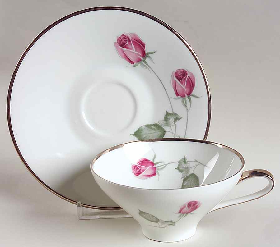 American Beauty (Platinum Trim, Sissi) Flat Cup & Saucer Set by Hutschenreuther-1