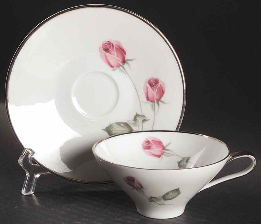 American Beauty (Platinum Trim, Sissi) Flat Cup & Saucer Set by Hutschenreuther-1