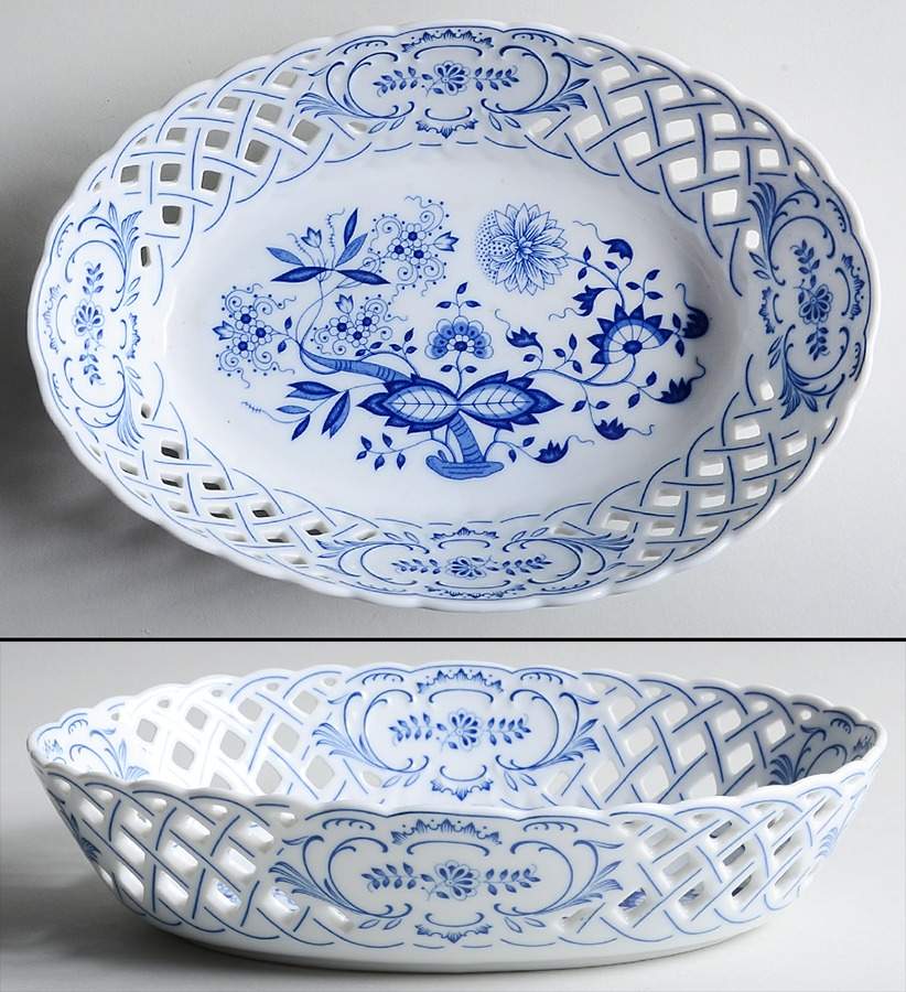 Blue Onion 10" Pierced Oval Bowl by Hutschenreuther-1