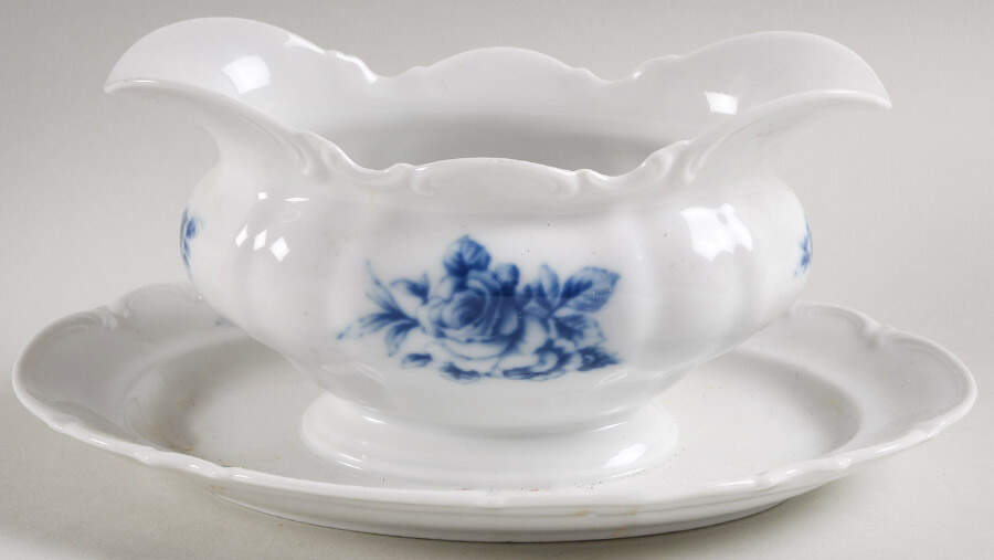 Cobalt Rose (Sylvia) Gravy Boat with Attached Underplate by Hutschenreuther-1