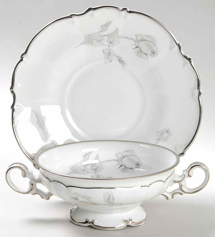 Gray Rose Footed Cream Soup Bowl & Saucer Set by Hutschenreuther-1