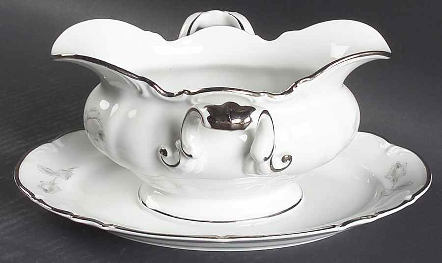 Gray Rose Gravy Boat with Attached Underplate by Hutschenreuther-1