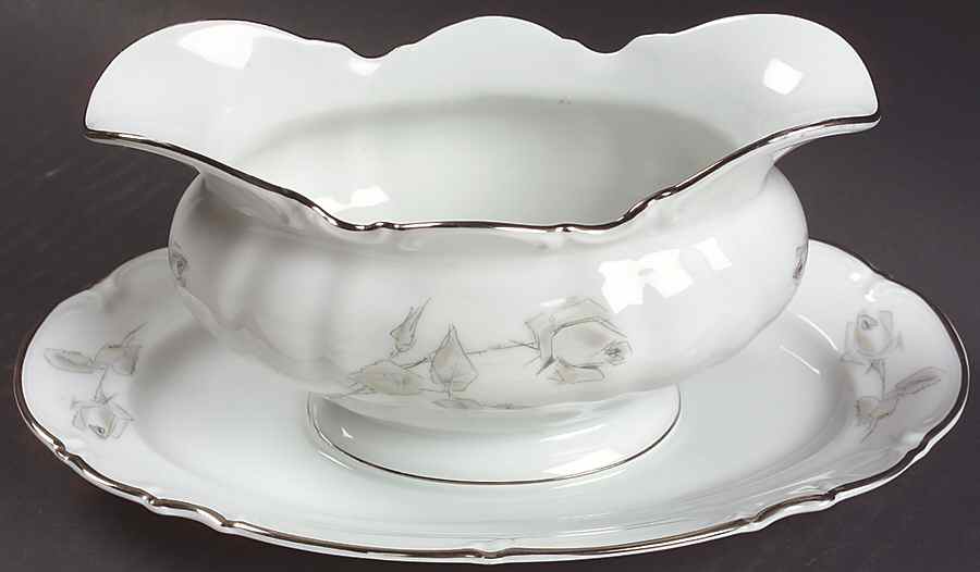 Gray Rose Gravy Boat with Attached Underplate by Hutschenreuther-1