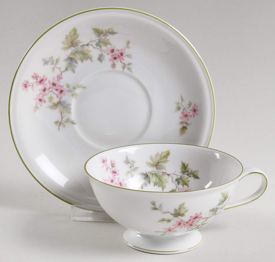 HUT2 (Green Trim) Footed Cup & Saucer Set by Hutschenreuther-1