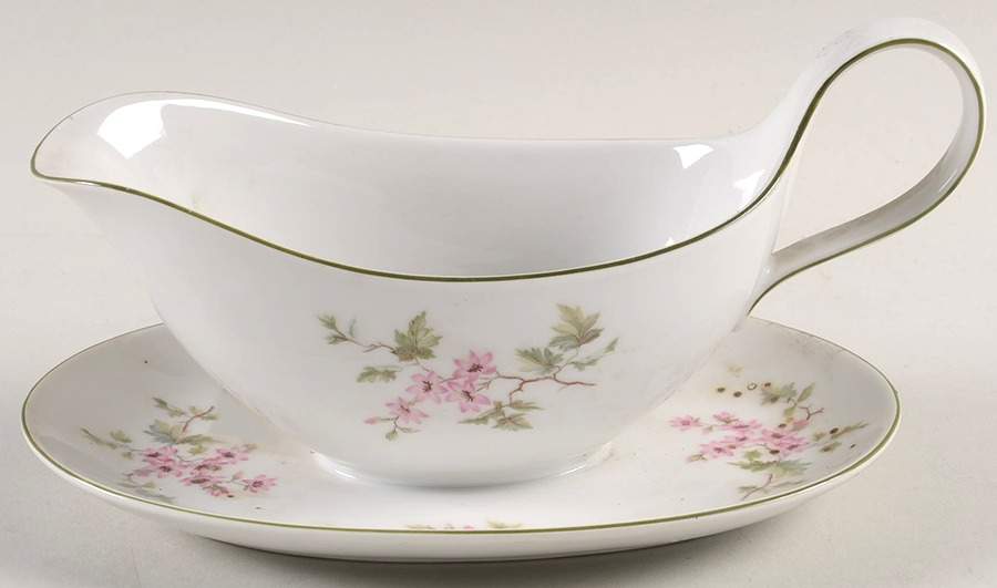 HUT2 (Green Trim) Gravy Boat with Attached Underplate by Hutschenreuther-1