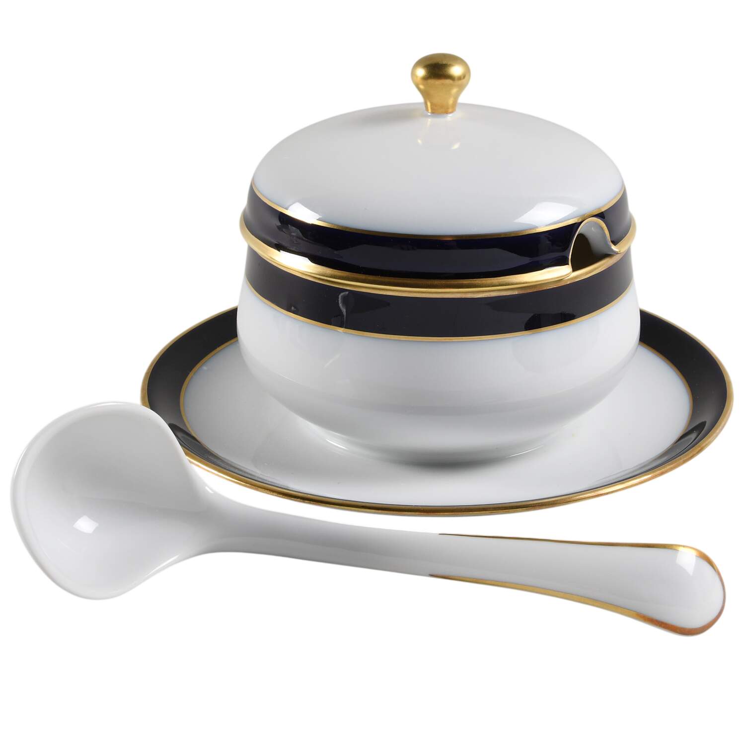 Kobalt (Coupe, Olivia Shape) Round Gravy Boat Attached Underplate & Lid w/Ladle by Hutschenreuther-1