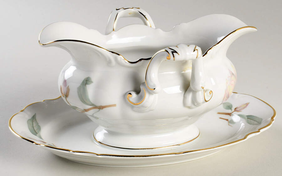Magnolia (7948, Sylvia, White) Gravy Boat with Attached Underplate by Hutschenreuther-1