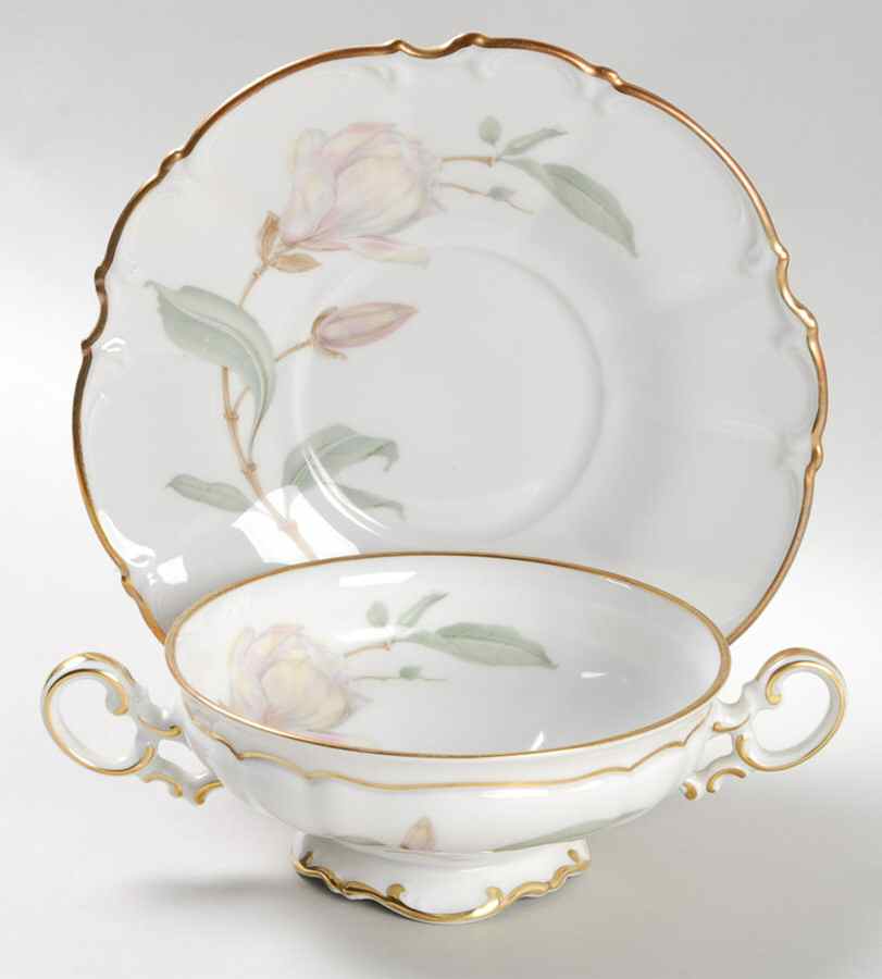 Magnolia (7948, Sylvia, White) Footed Cream Soup Bowl & Saucer Set by Hutschenreuther-1