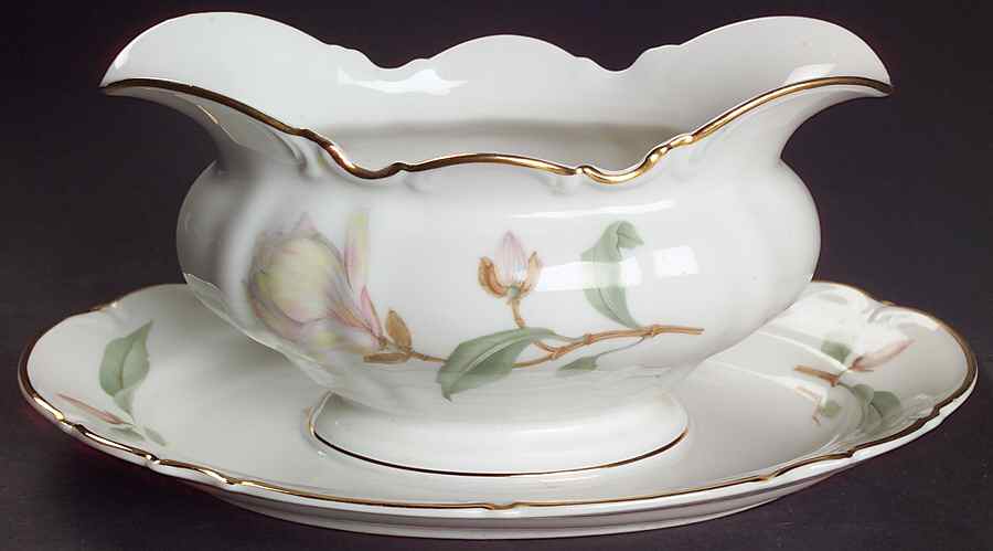 Magnolia (7948, Sylvia, White) Gravy Boat with Attached Underplate by Hutschenreuther-1