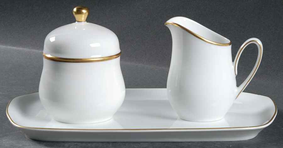 Olivia Gold White (Coupe) Creamer & Sugar with Lid & Tray Set by Hutschenreuther-1