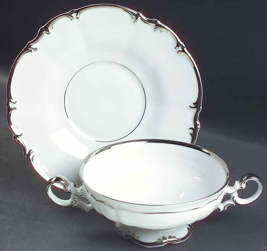 Revere (White) Footed Cream Soup Bowl & Saucer Set by Hutschenreuther-1