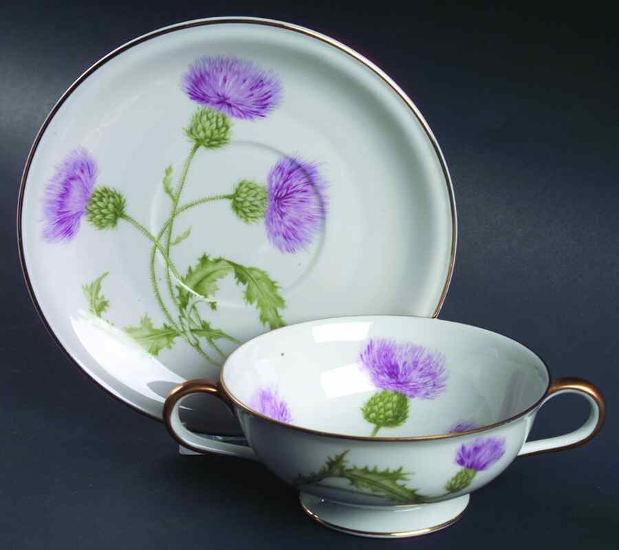 Scotch Thistle Footed Cream Soup Bowl & Saucer Set by Hutschenreuther-1