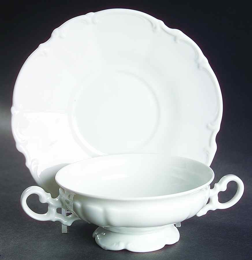 Sylvia (All White, No Trim) Footed Cream Soup Bowl & Saucer Set by Hutschenreuther-1