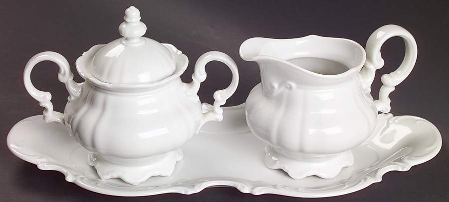 Sylvia (All White, No Trim) Creamer & Sugar with Lid & Tray Set by Hutschenreuther-1