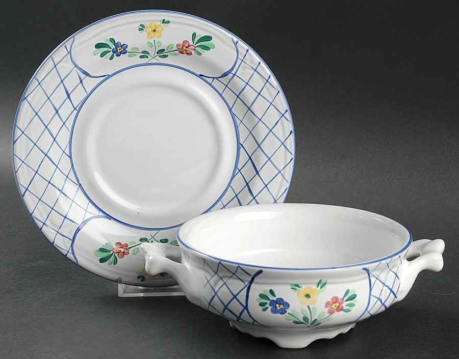 Lattice Hill Footed Cream Soup Bowl & Saucer Set by Herend Village-1