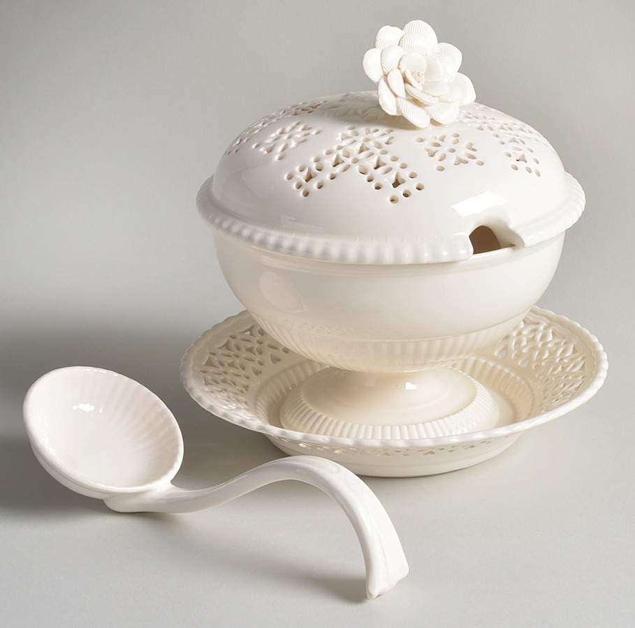 Creamware Pierced Sugar Bowl & Lid with Ladle & Stand by Hartley Greens-1