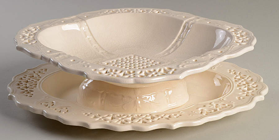 Creamware Pierced Strawberry Dish & Underplate by Hartley Greens-1