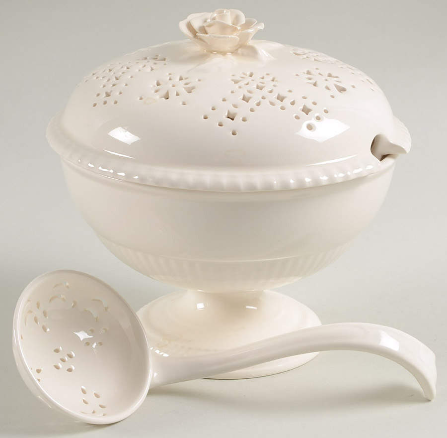 Creamware Pierced Sugar Bowl & Lid w/Ladle by Hartley Greens-1