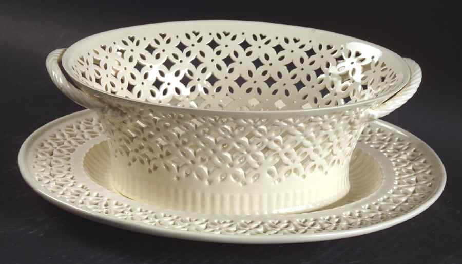 Creamware Pierced Oval Fruit Basket and Stand by Hartley Greens-1