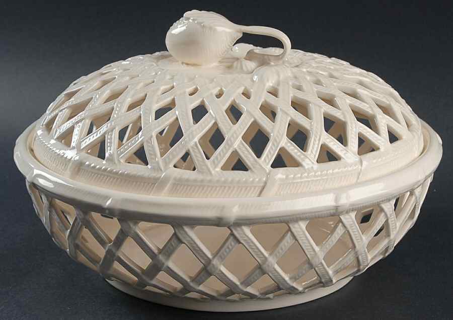 Creamware Pierced Lattice Basket and Lid by Hartley Greens-1