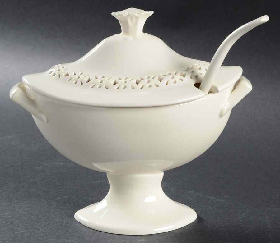 Creamware Pierced Sauce Boat & Lid with Ladle by Hartley Greens-1
