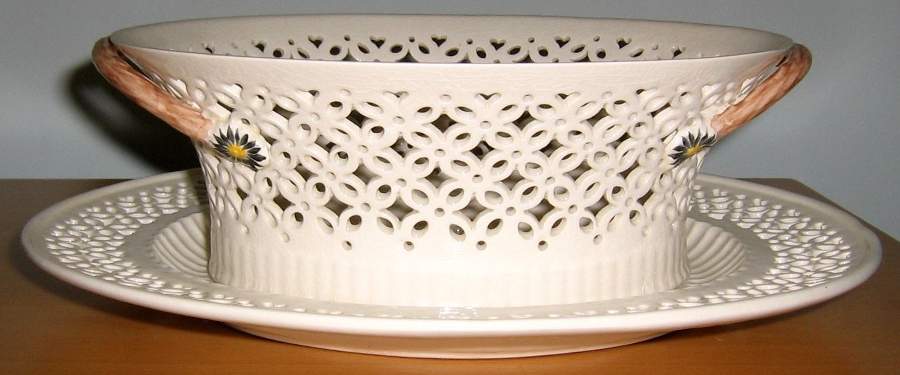 Creamware Pierced Oval Fruit Basket and Stand by Hartley Greens-1