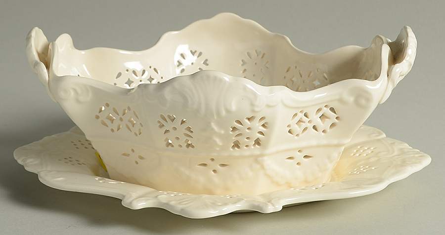 Creamware Pierced Pierced Berry Bowl and Underplate by Hartley Greens-1