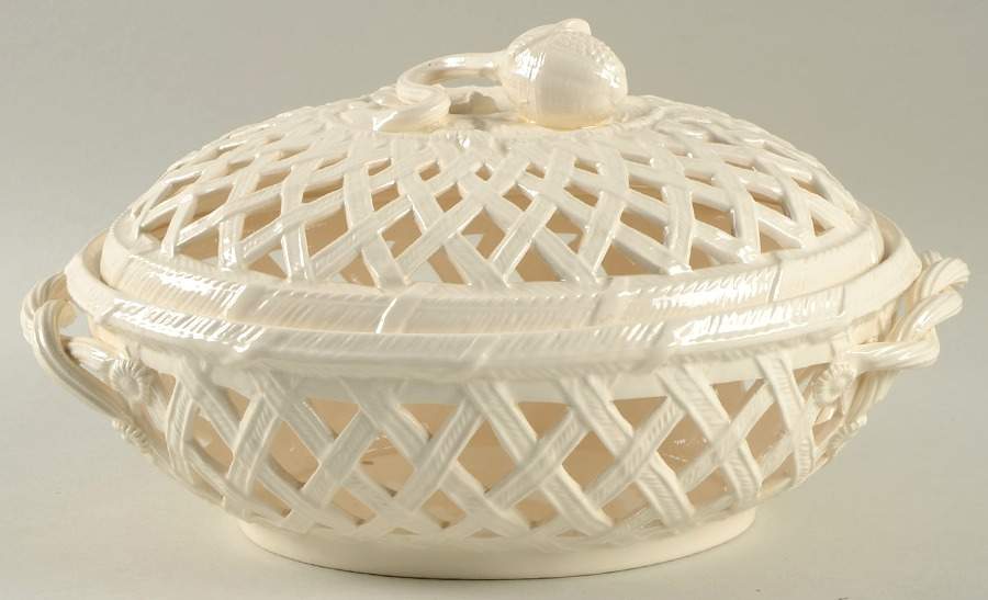 Creamware Pierced Lattice Basket and Lid by Hartley Greens-1