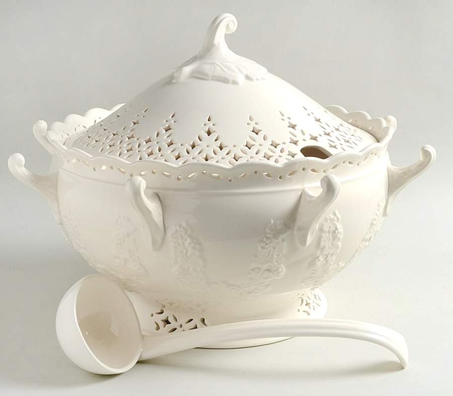 Creamware Pierced Punch Bowl & Lid w/Ladle by Hartley Greens-1