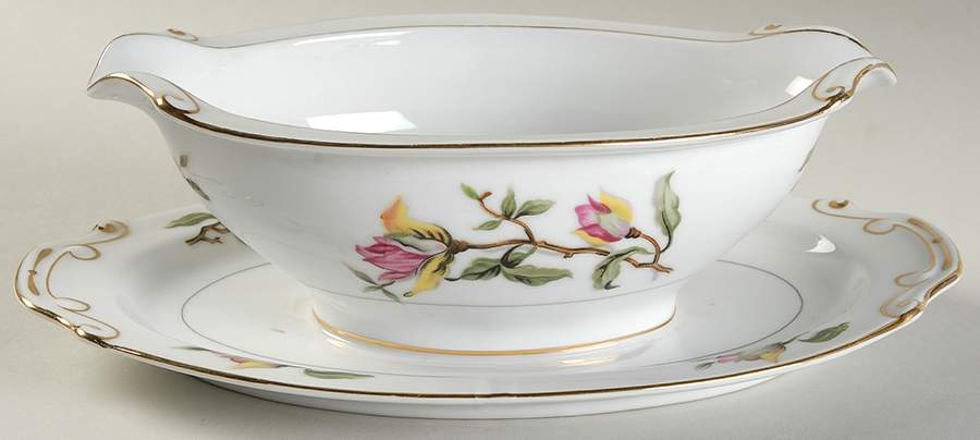 Dogwood Gravy Boat with Attached Underplate by Hira China-1