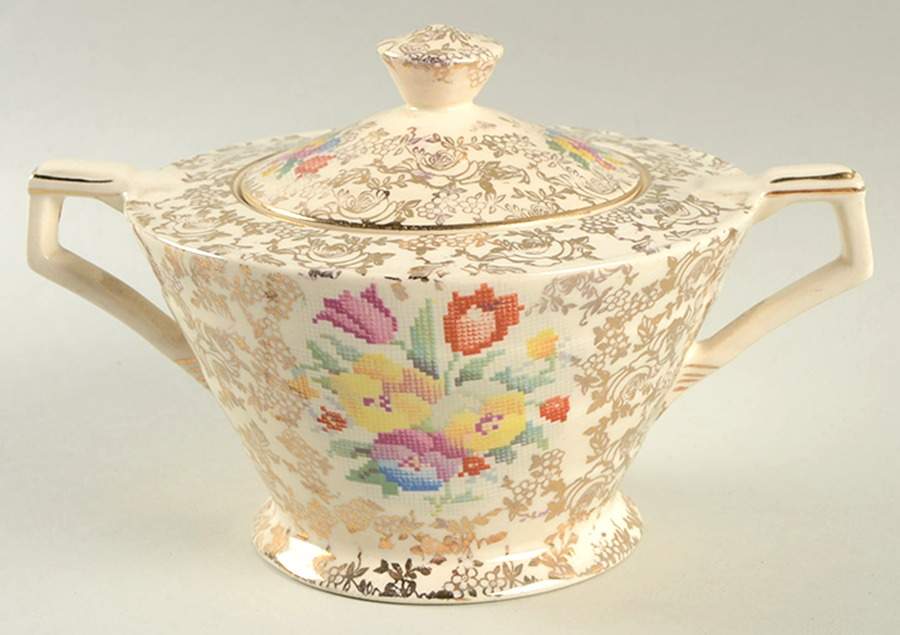 Old English Sampler Sugar Bowl & Lid by Hollinshead & Kirkham-1