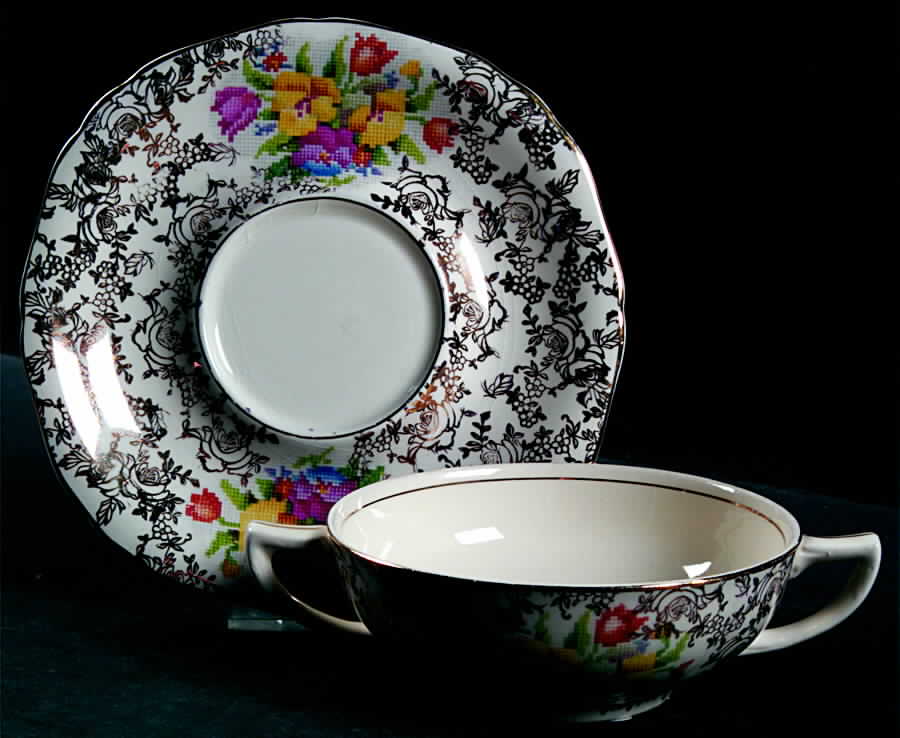 Old English Sampler Flat Cream Soup Bowl & Saucer Set by Hollinshead & Kirkham-1