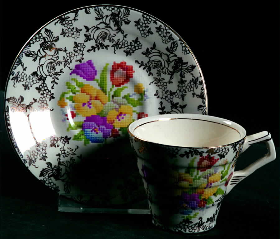 Old English Sampler Flat Demitasse Cup & Saucer Set by Hollinshead & Kirkham-1