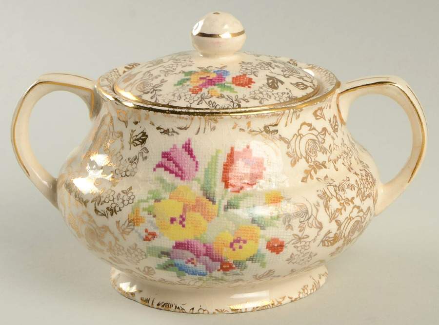 Old English Sampler Sugar Bowl & Lid by Hollinshead & Kirkham-1