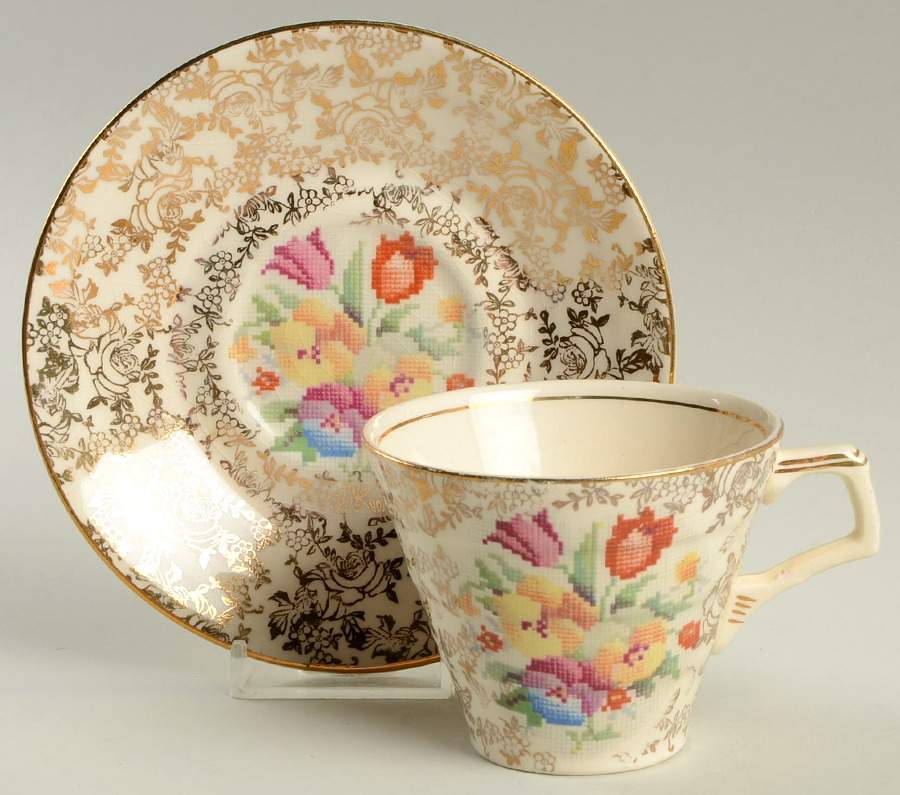Old English Sampler Flat Cup & Saucer Set by Hollinshead & Kirkham-1