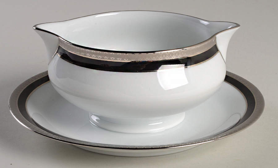 Symphonie Platinum and Black Gravy Boat with Attached Underplate by Haviland-1