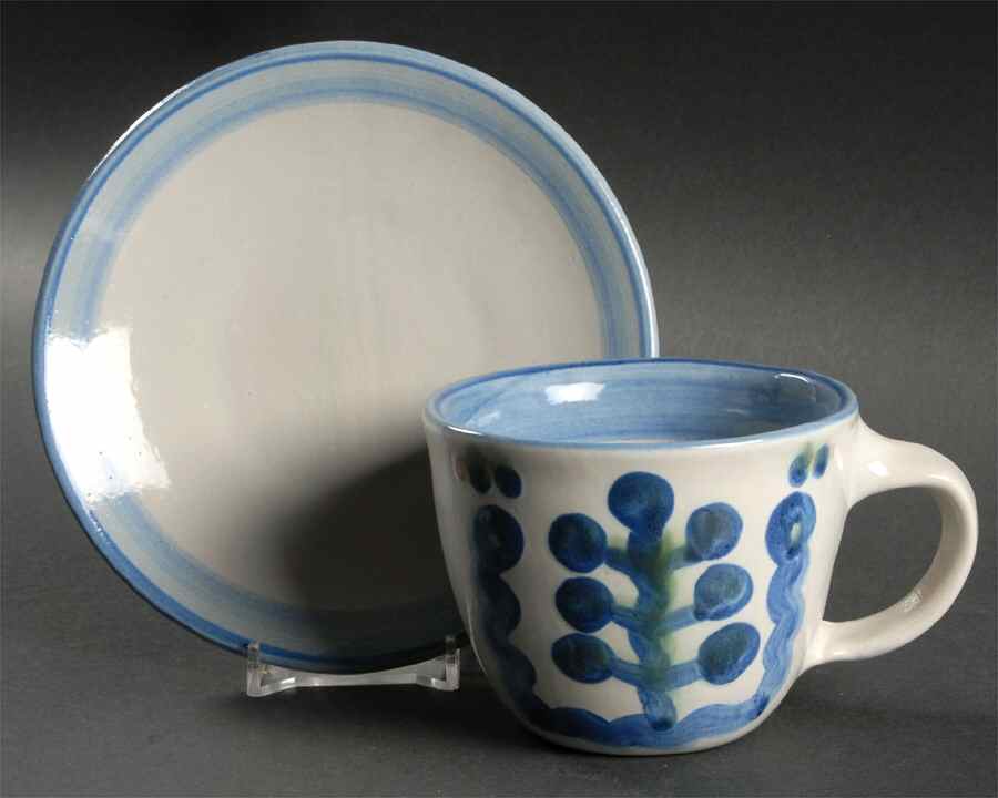 Pear and Grape Blue Flat Cup & Saucer Set by M A Hadley-1