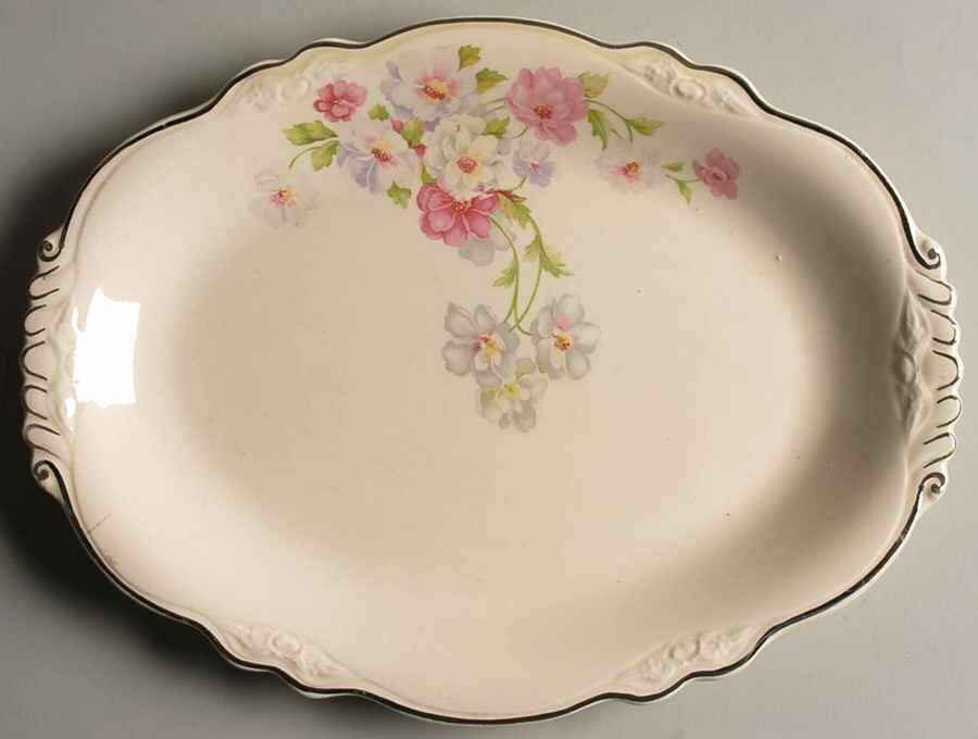 Fluffy Rose 2 (Platinum Trim) 11" Oval Serving Platter by Homer Laughlin -1