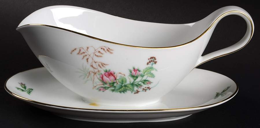 Moss Rose (White Background, Coupe) Gravy Boat with Attached Underplate by Heinrich - H&C-1
