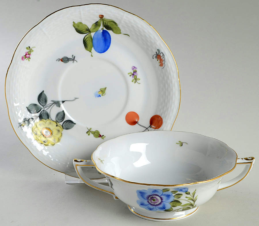 Fruits Necker Footed Cream Soup Bowl & Saucer Set by Herend-1