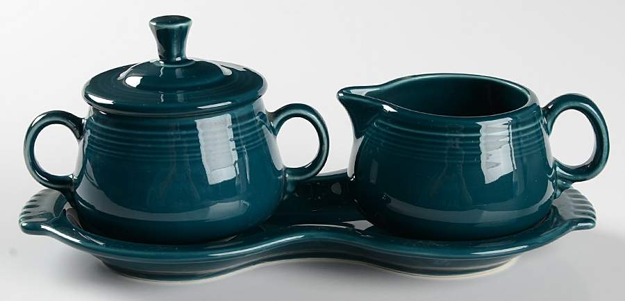 Fiesta Juniper (Intro 1999) Creamer & Sugar with Lid & Tray Set by Homer Laughlin -1