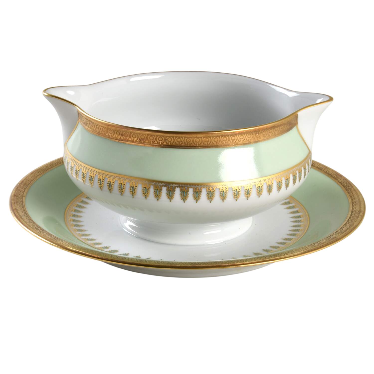 Oasis Green (Green Band, Gold Encrusted) Gravy Boat with Attached Underplate by Haviland-1
