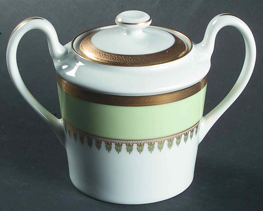 Oasis Green (Green Band, Gold Encrusted) Sugar Bowl & Lid by Haviland-1